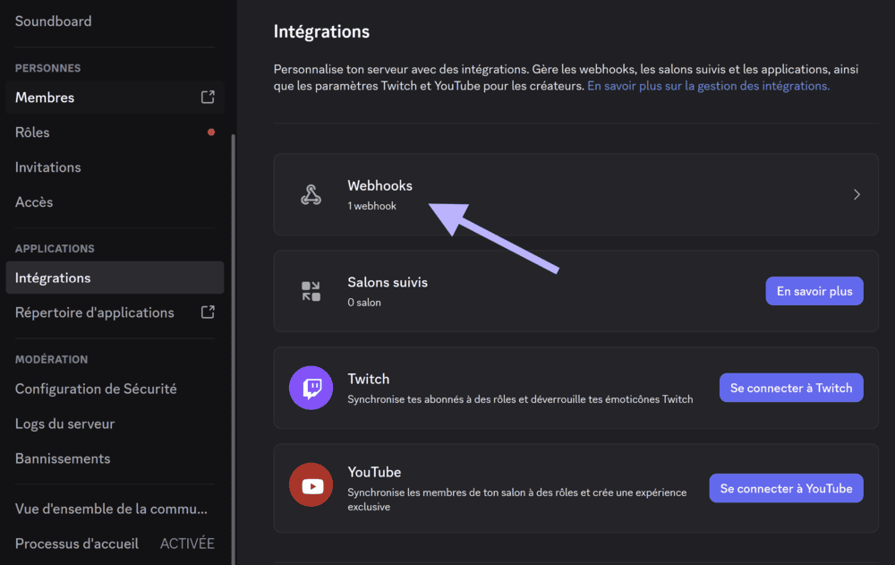 Création d'un webhook depuis Discord
