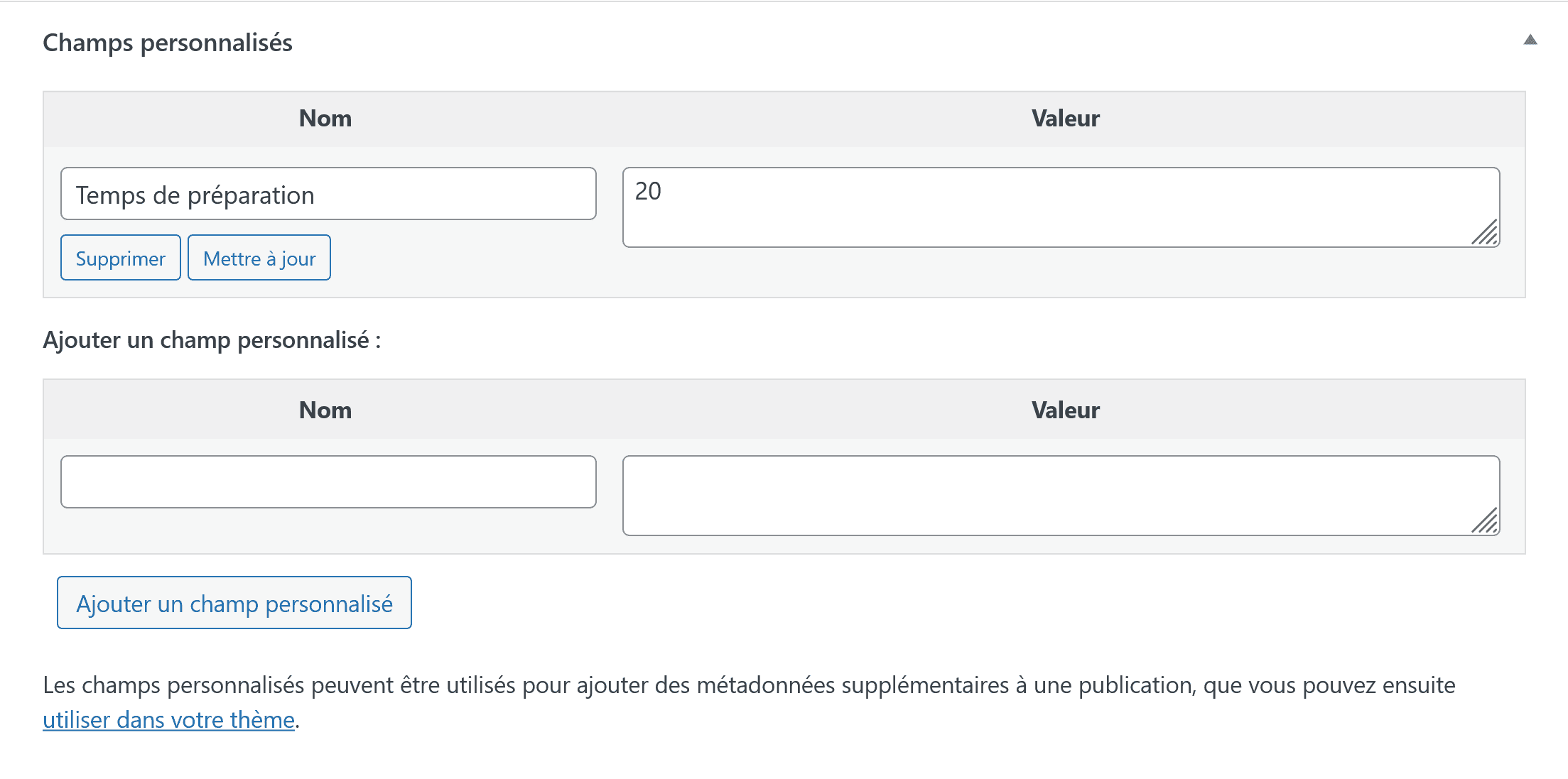 Définir des champs personnalisés dans WordPress